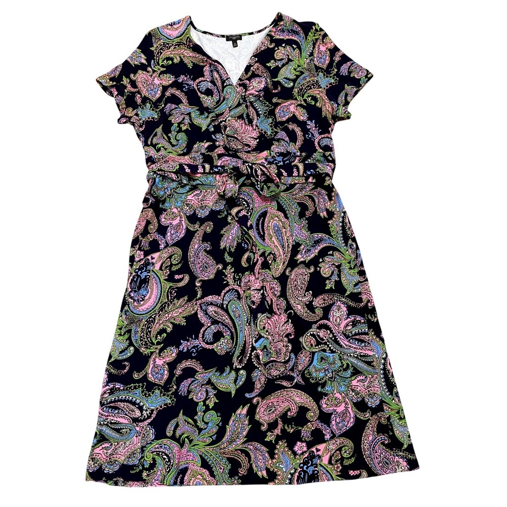 Talbots Black Midi Dress with Pink, Green, Blue Paisley
